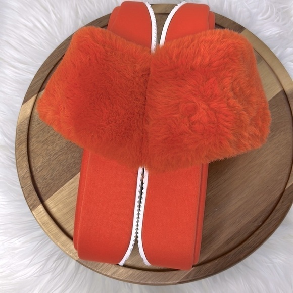 NINE WEST l Fuzzy Orange Platform Slider Sandals New! Size 8 - Picture 7 of 9